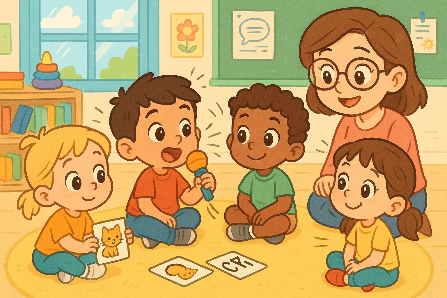 Cartoon of preschoolers doing communication language activities during playful group time.