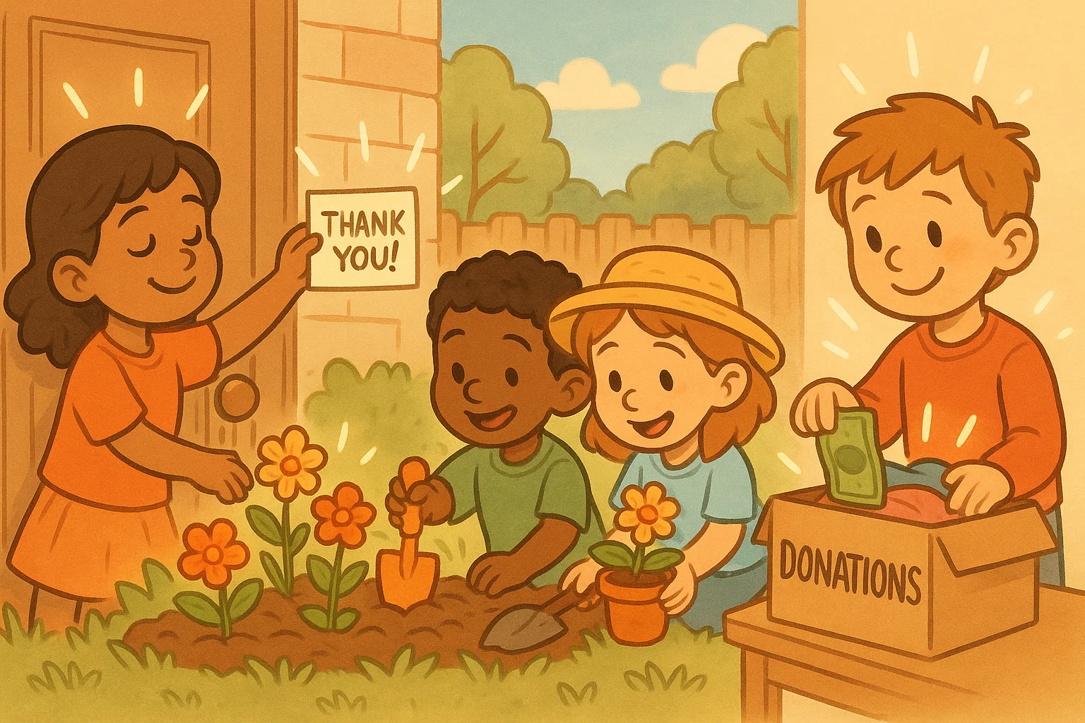 Kids doing community kindness activities with caring gestures and cheerful teamwork.
