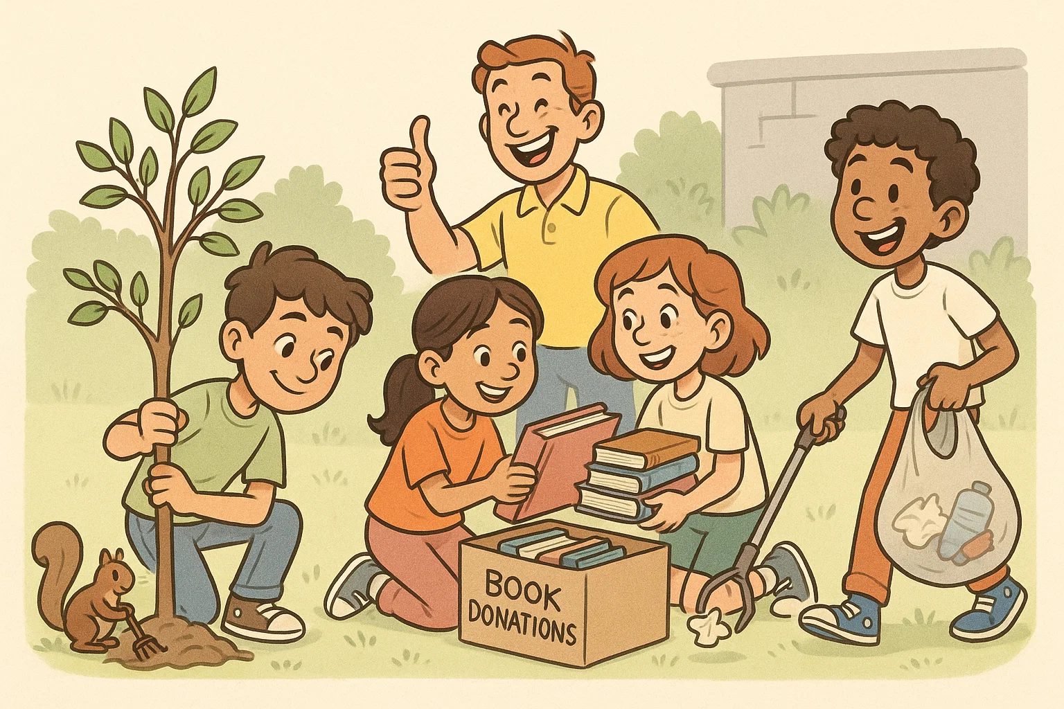 Community service for 12 year olds illustrated with kids doing volunteering activities.