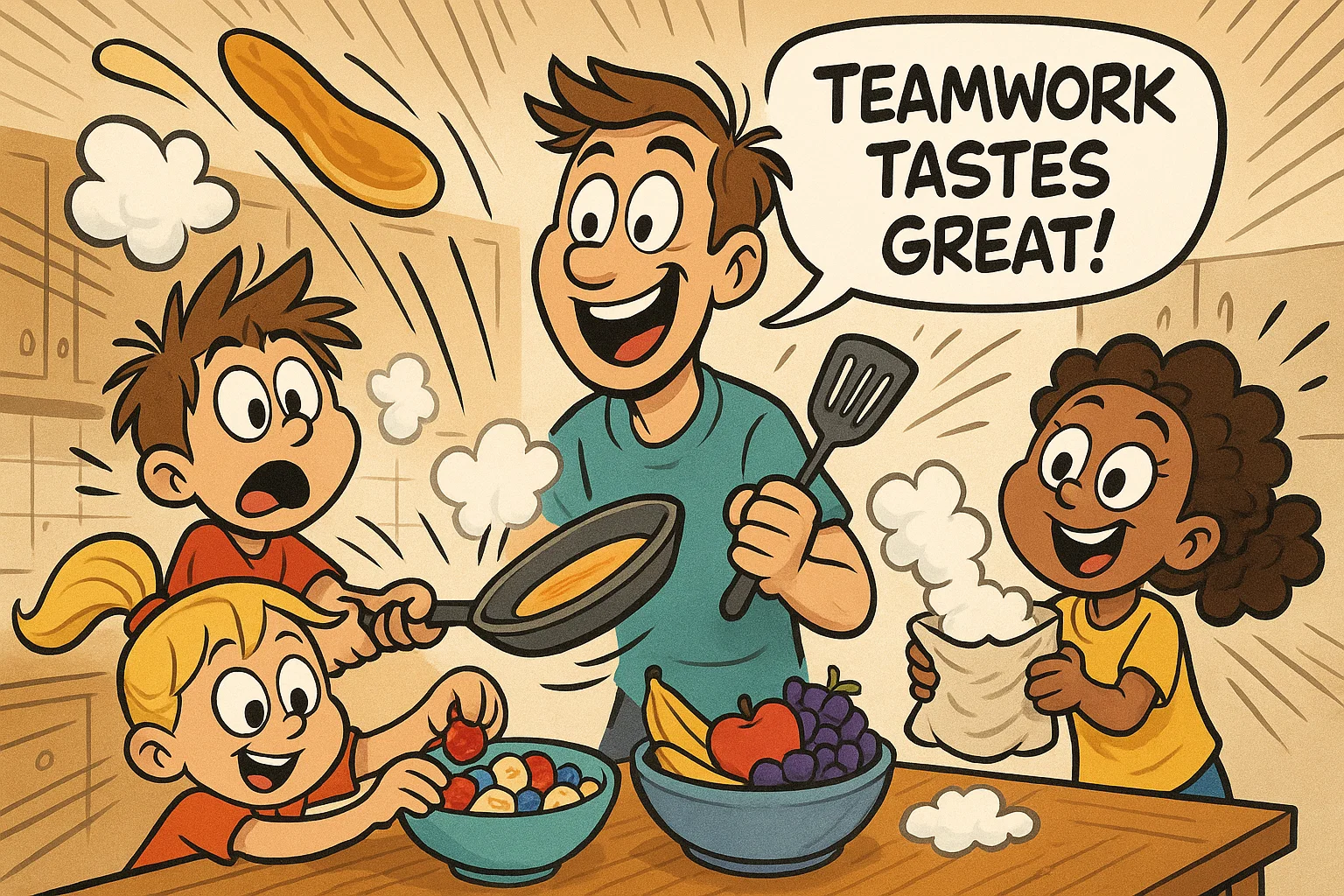 Kids and dad cooking fathers day food together in a playful cartoon kitchen.
