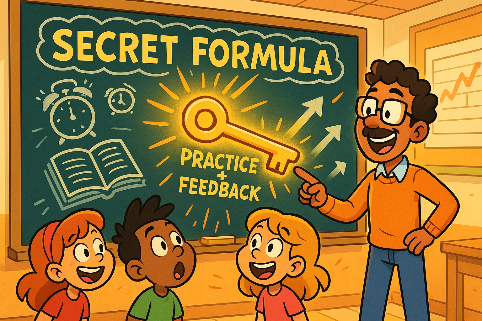 Teacher explaining core secret write like pro program with excited students.
