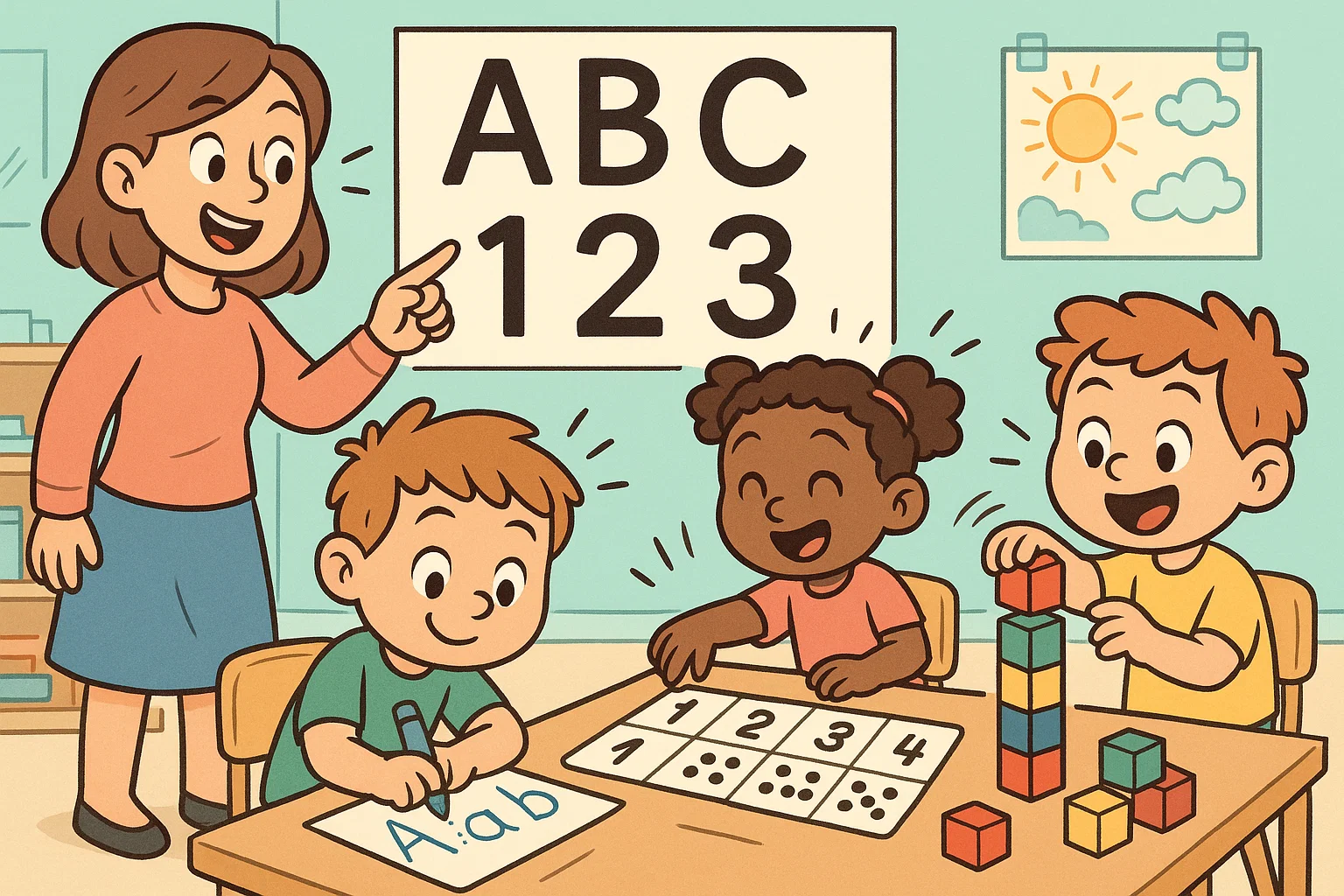 Core skills activities kindergarteners working with letters, numbers and learning tools.