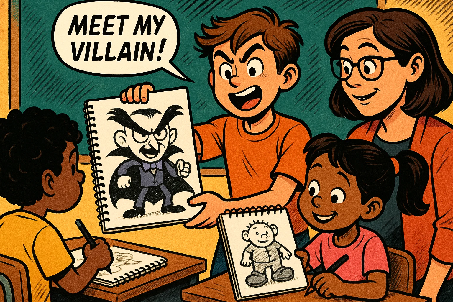 Kids create their own villain character profile with kids drawing playful villain designs.
