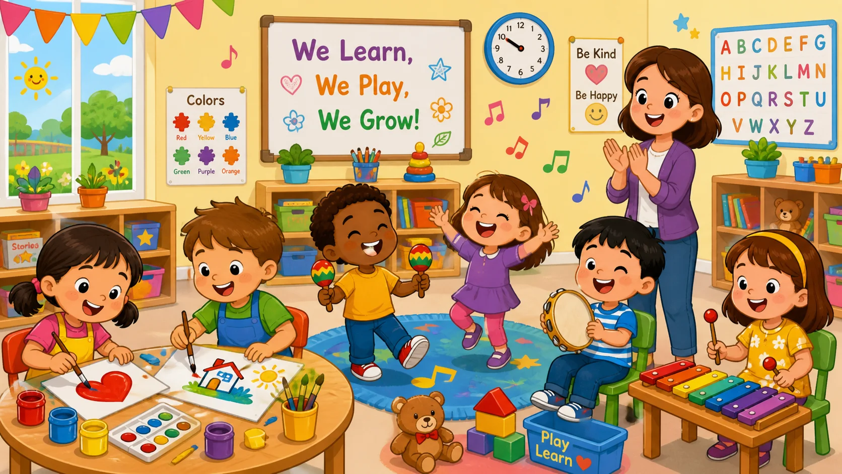 Creative art music movement kindergarten activities in a playful classroom. 