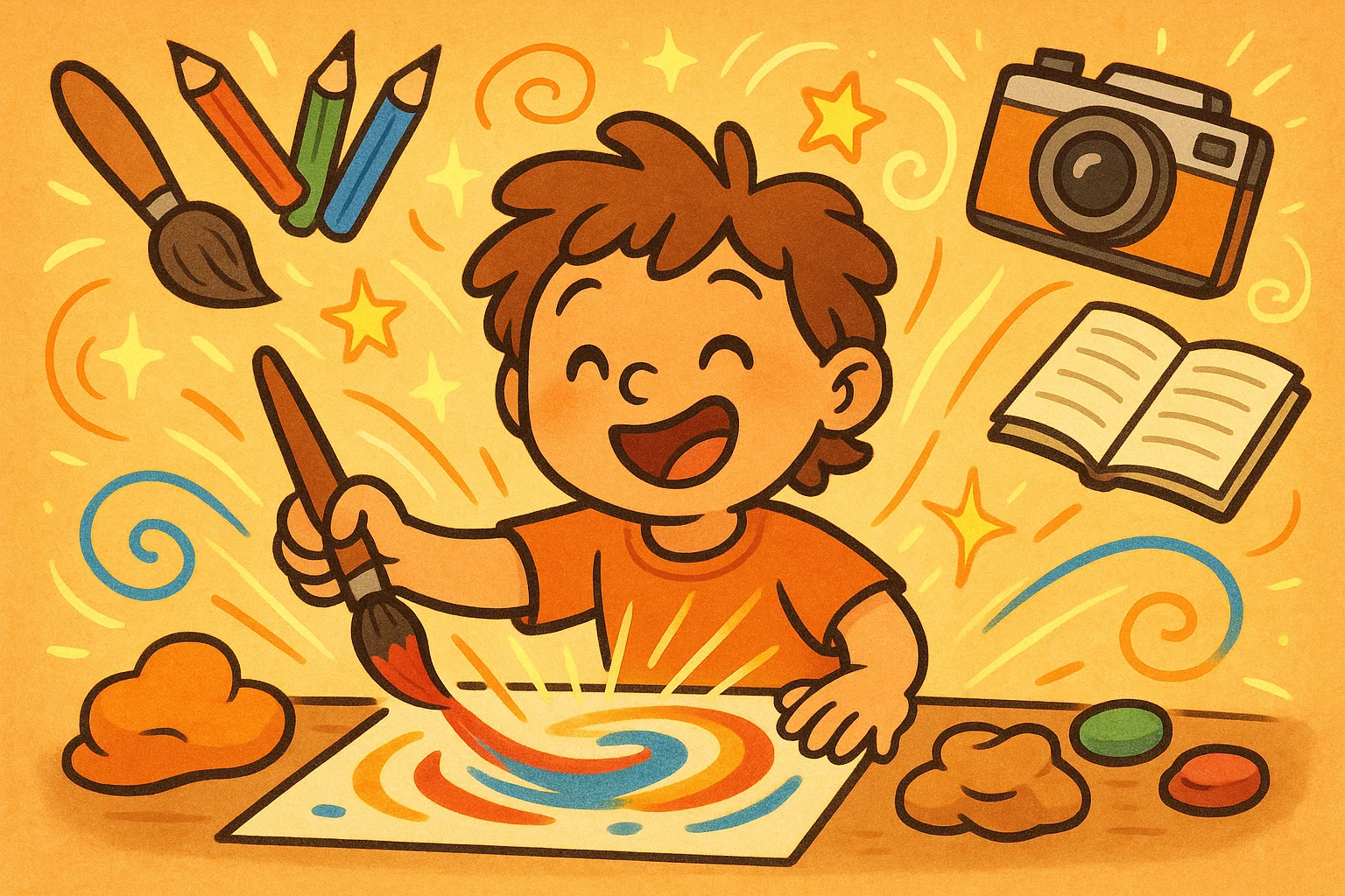 Creative expression for age 9 cartoon showing child creating colorful artwork.