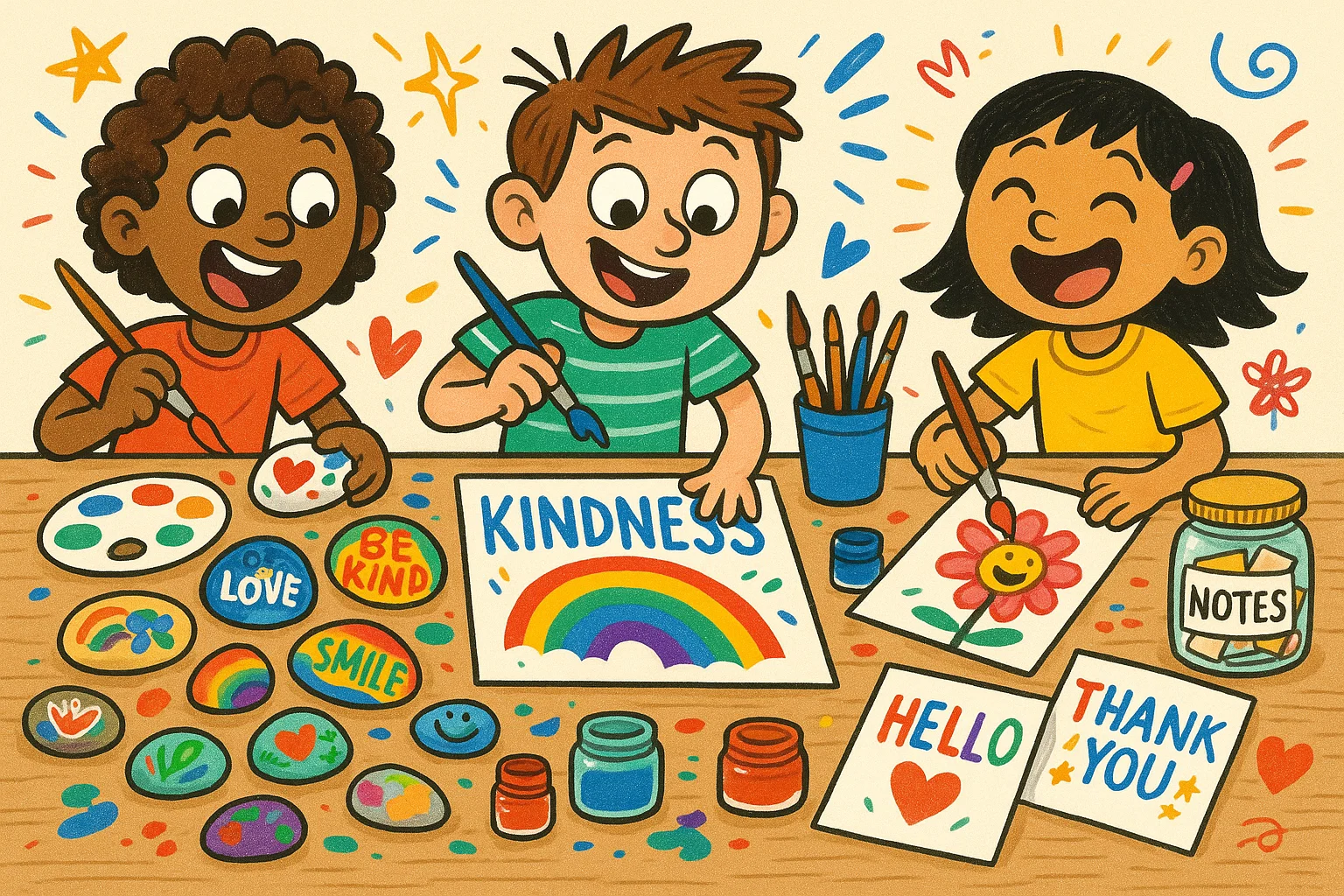 Creative kindness projects for kids shown with colorful crafts and happy teamwork.
