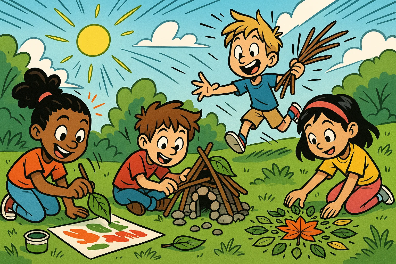  Creative nature activities outdoors for kids using leaves sticks and natural materials.
