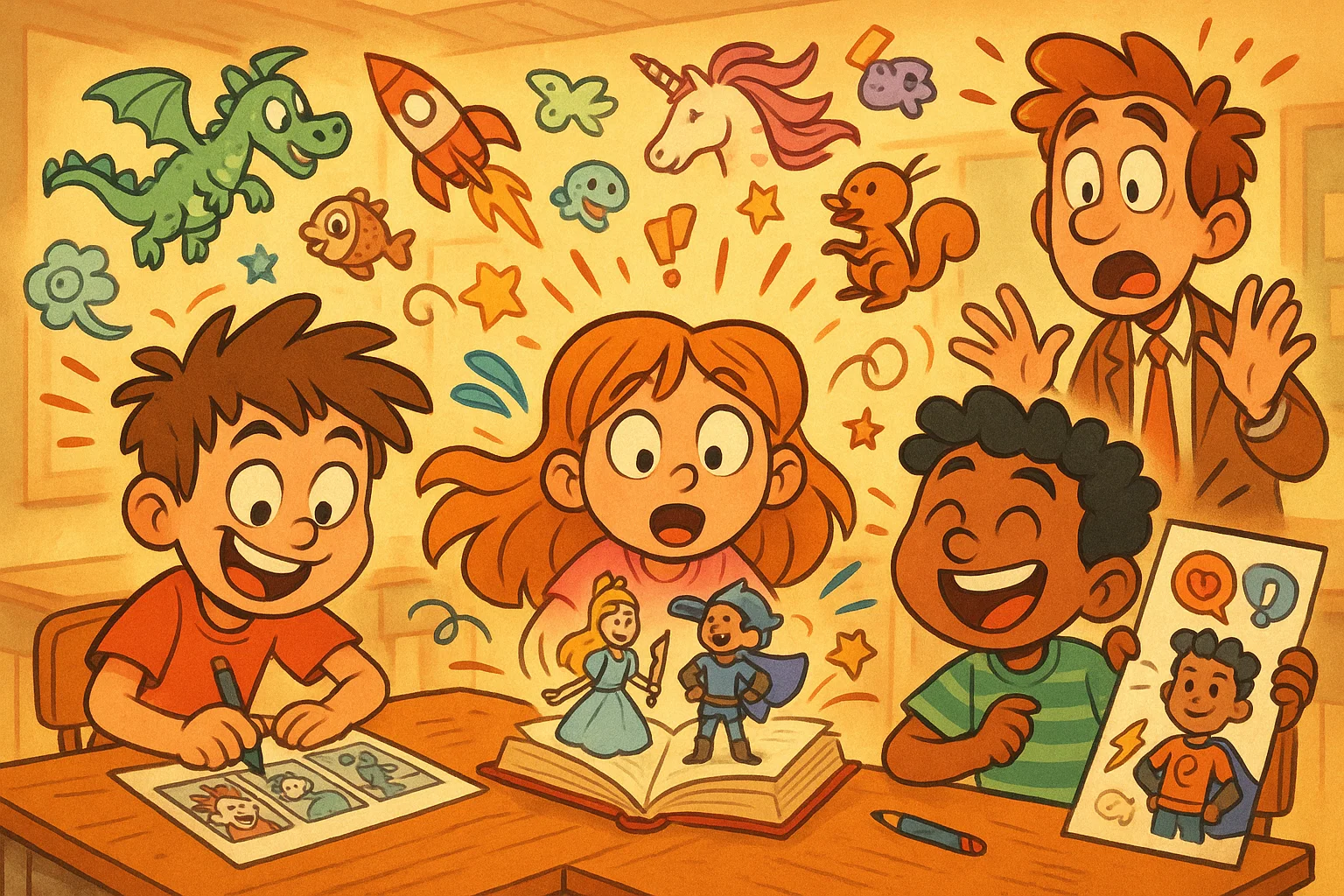 Creative story activities for 8 year olds shown with cartoon kids creating stories.