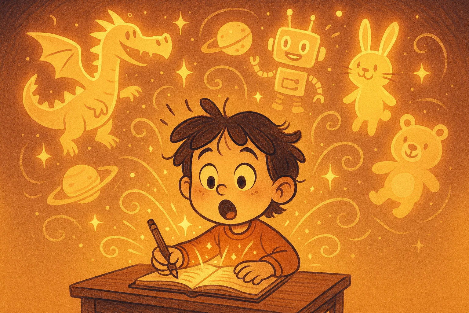 Cartoon of creative writing activities for 10 year olds with imaginative story elements.