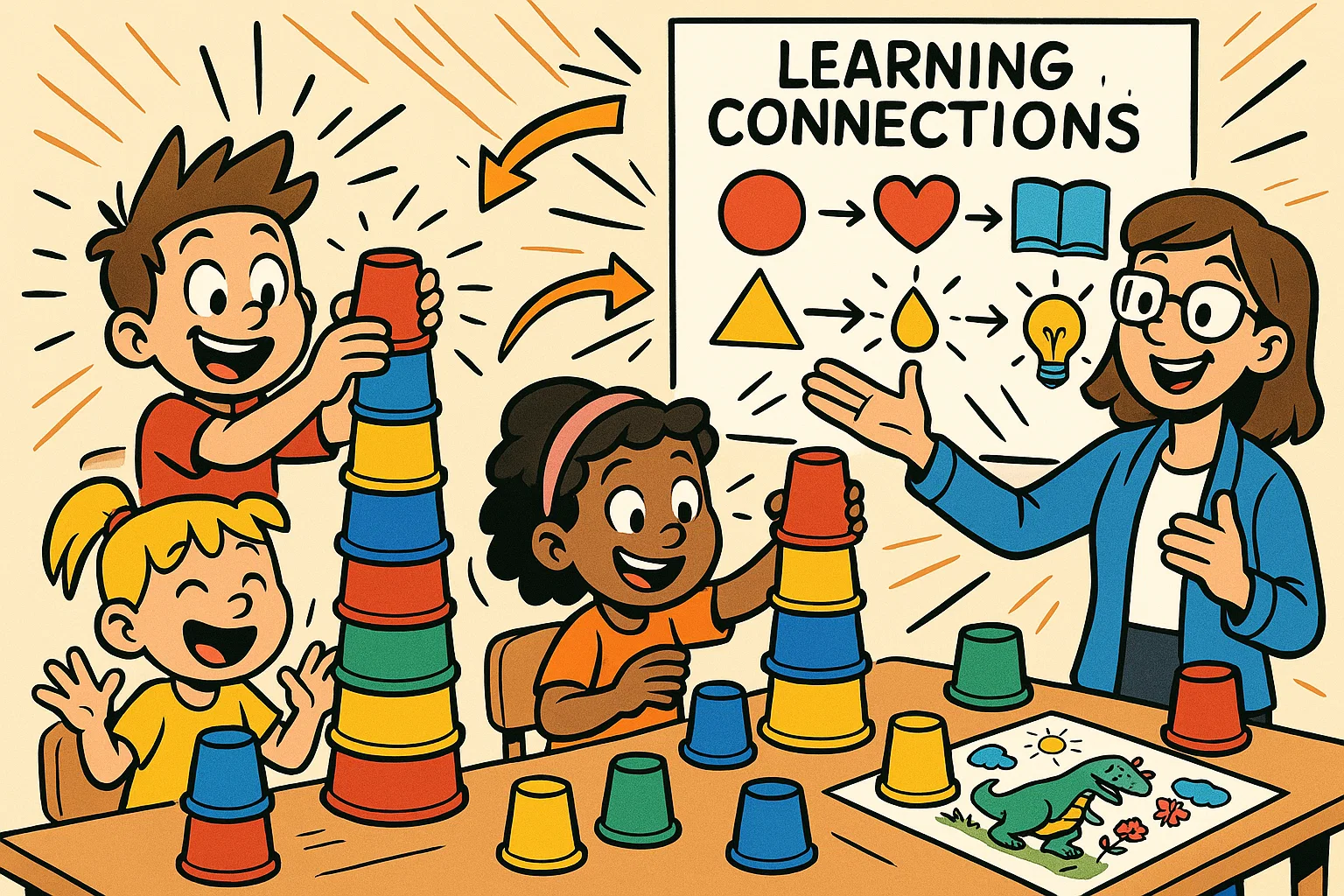 Children doing creativity learning connection activities with colorful cups and drawings.
