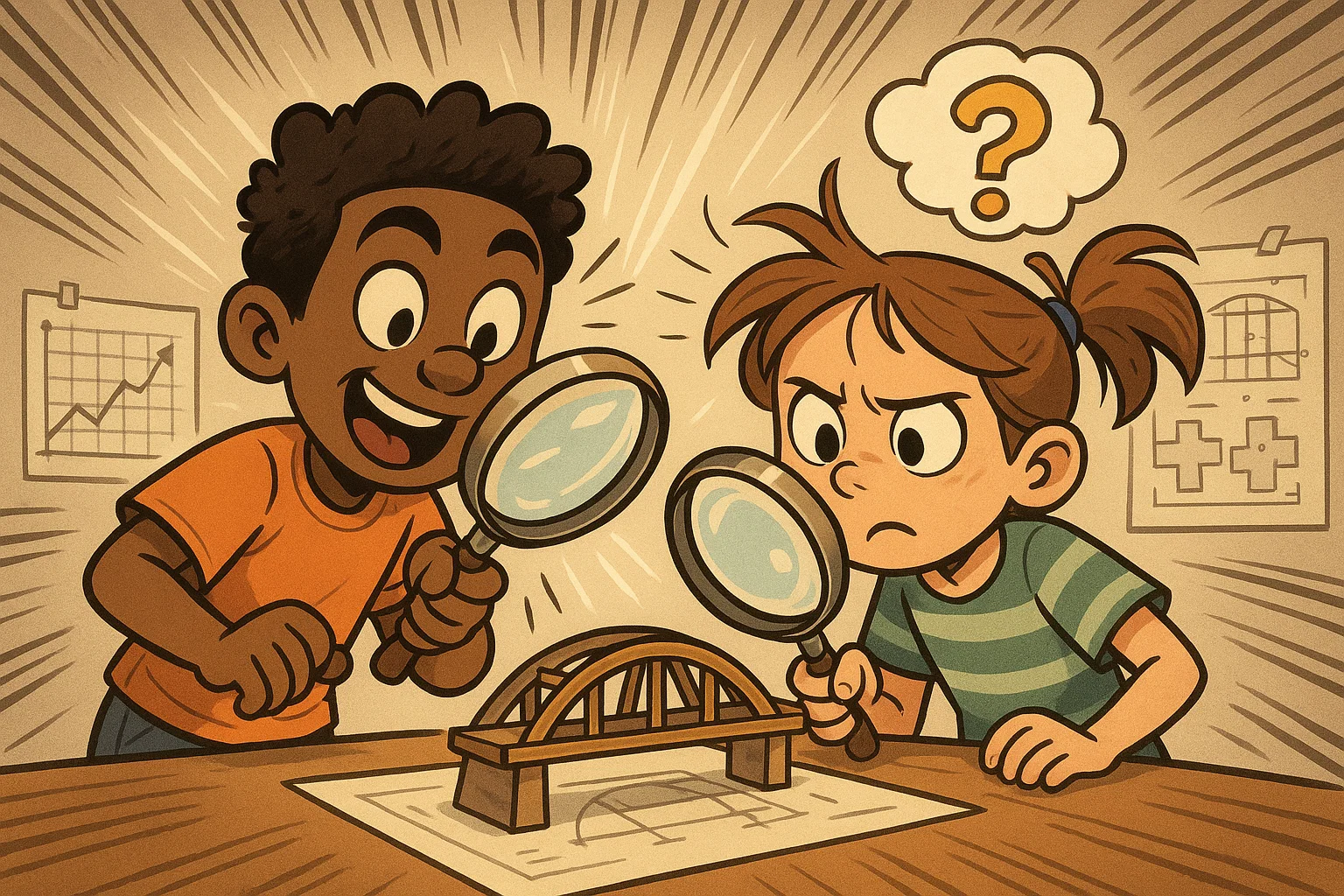 Cartoon of critical thinking and problem solving activities with children tackling challenges.