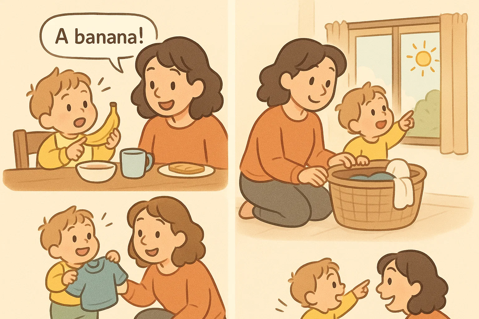 Daily learning routines for toddlers with cartoon morning tasks and playful interactions.
