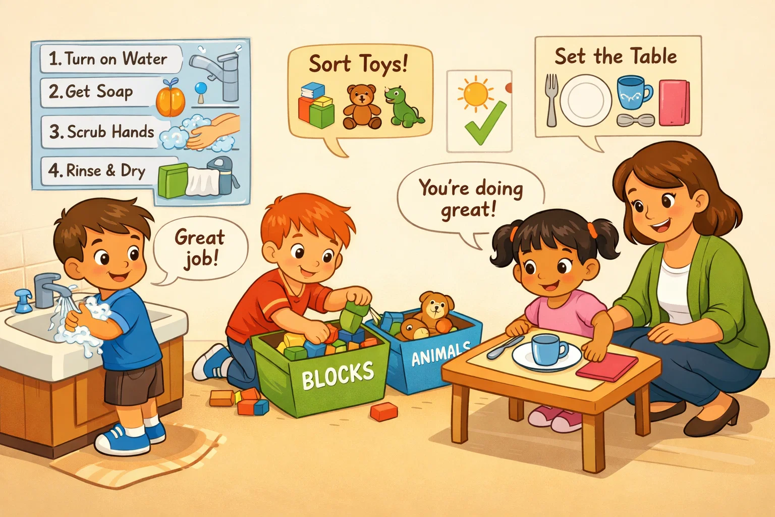  Daily life skill activities for autistic kids practicing routines with visual support.
