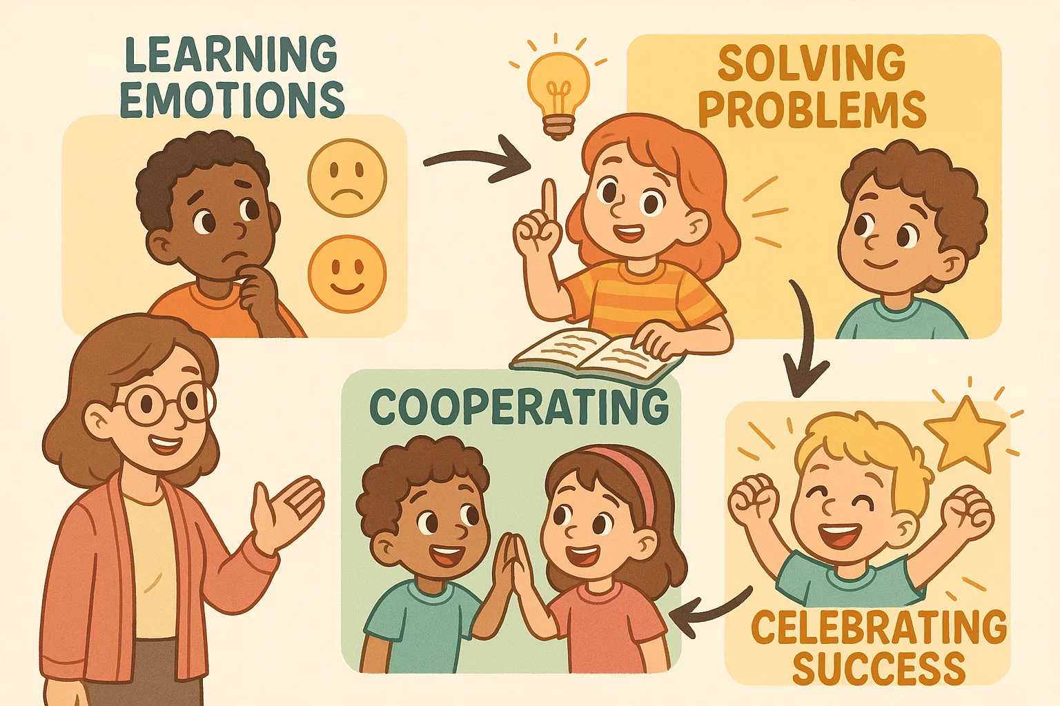 Decency development approach for kids showing steps of learning values and positive behavior.