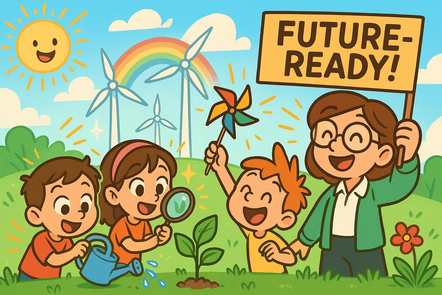 Developing sustainable minds early childhood scene with kids learning through nature play.