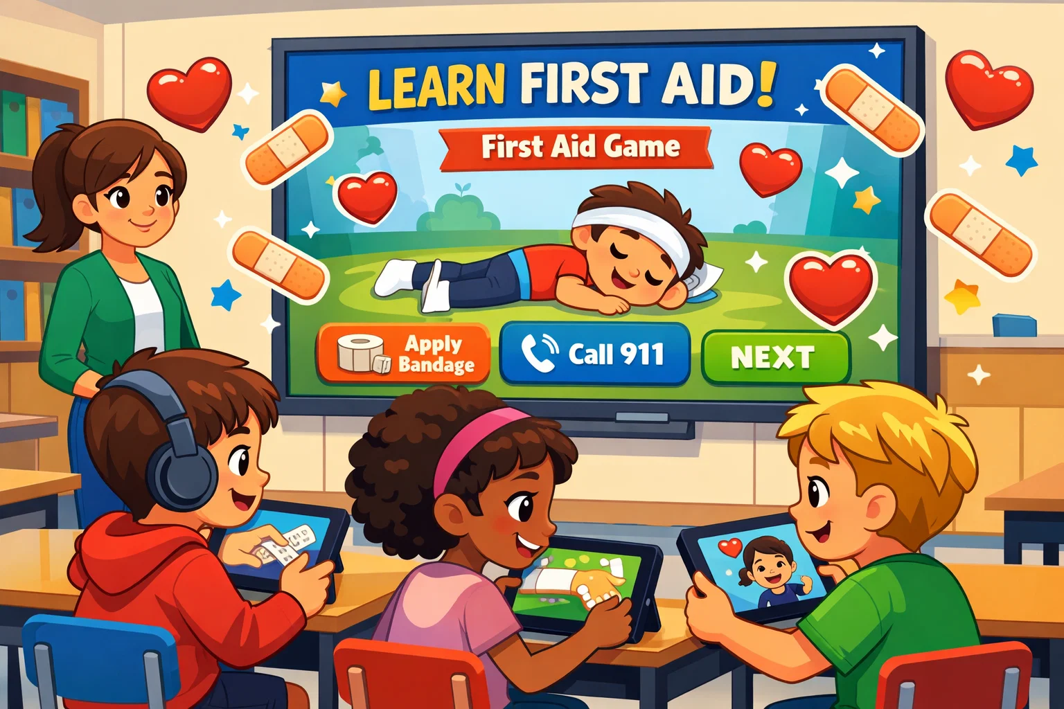 Digital first aid activities for kids learning safety skills through interactive tools.