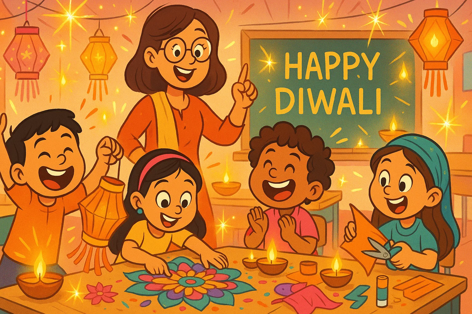 Playful diwali activities for kids cartoon classroom scene with crafts, games, and learning moments.