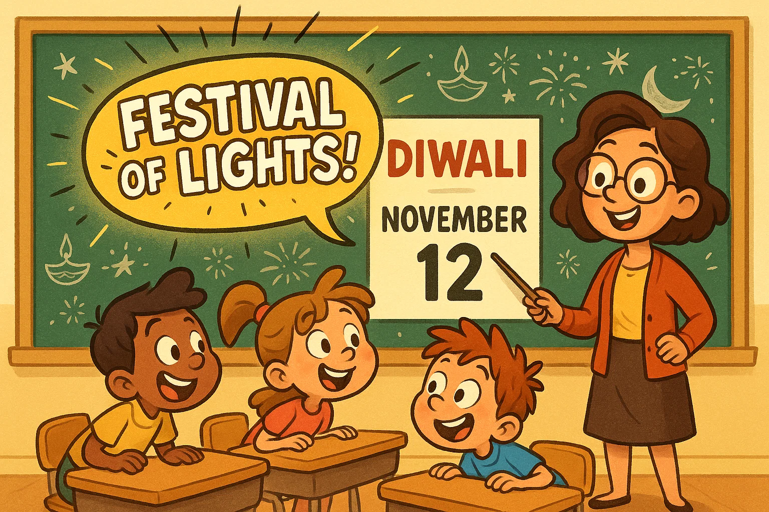 Teacher shows diwali date overview for kids on a cartoon calendar with festive classroom elements.
