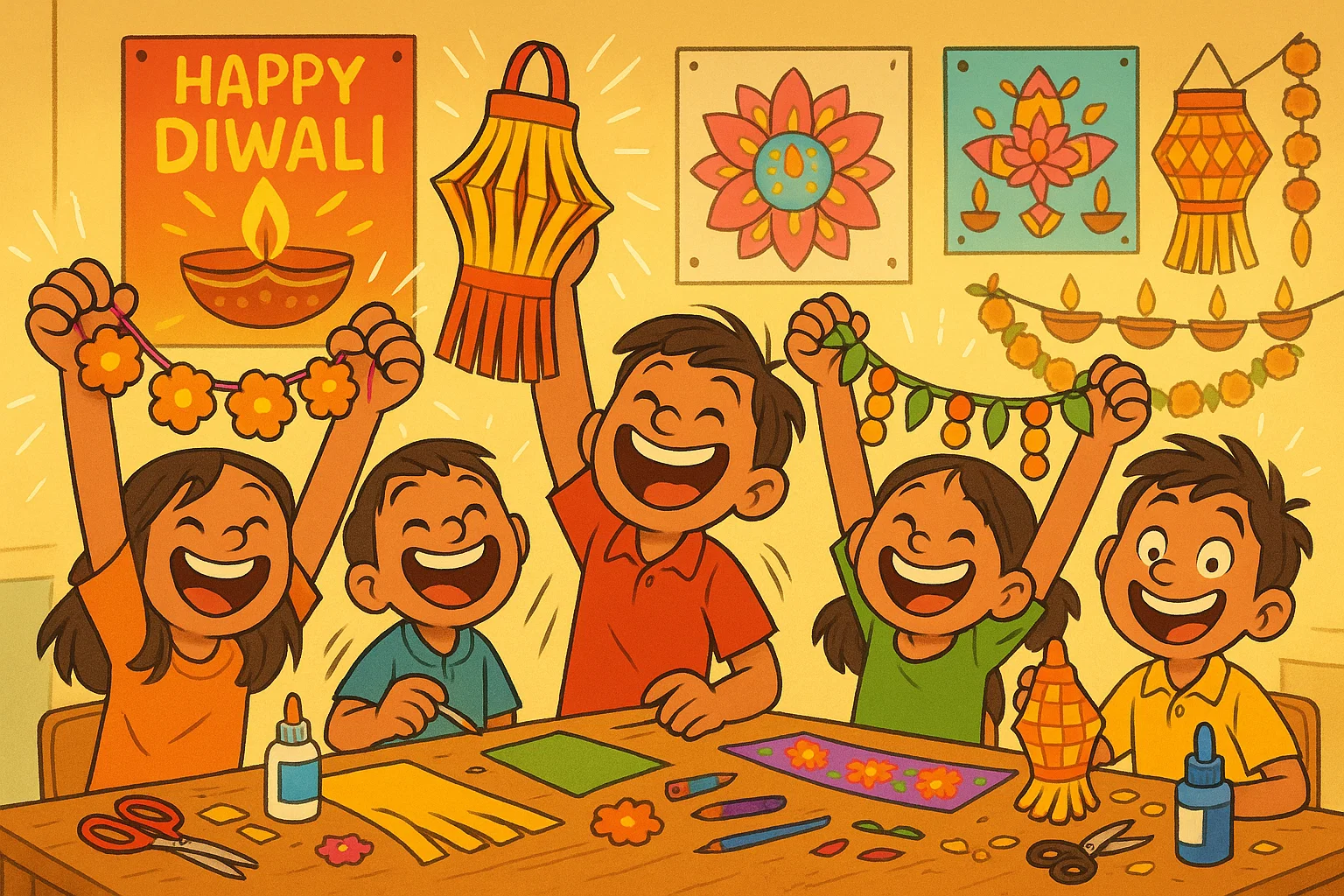 Kids create diwali decorations kids can make with lanterns and torans in a bright cartoon setting.