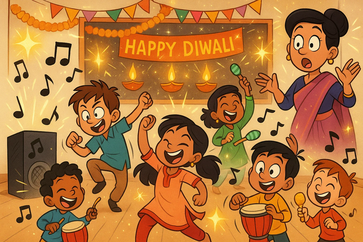 Kids enjoy diwali music dance activities for kids with instruments and lively cartoon movement.