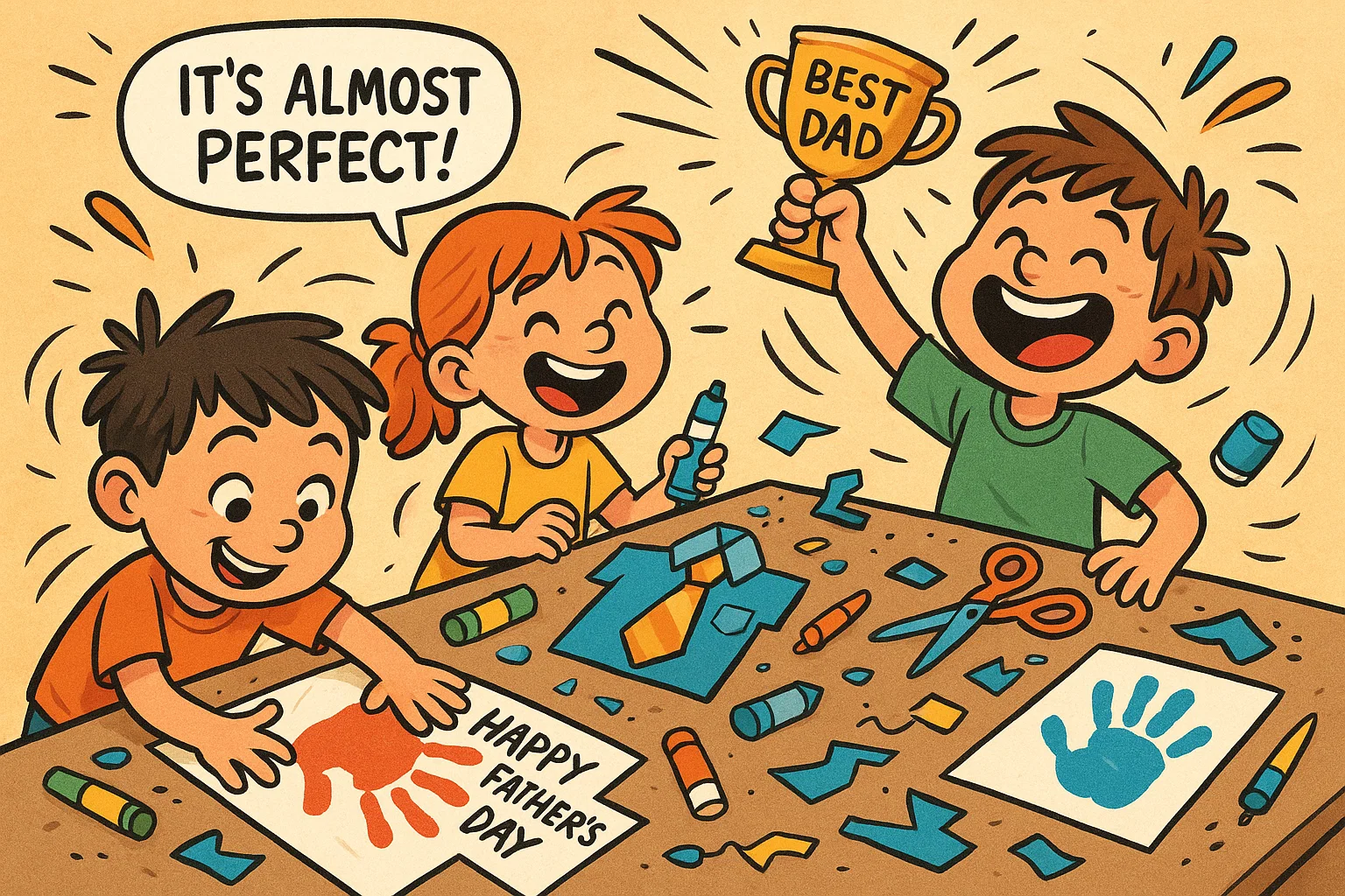 Kids making diy crafts for fathers day in a fun cartoon with lively expressions.