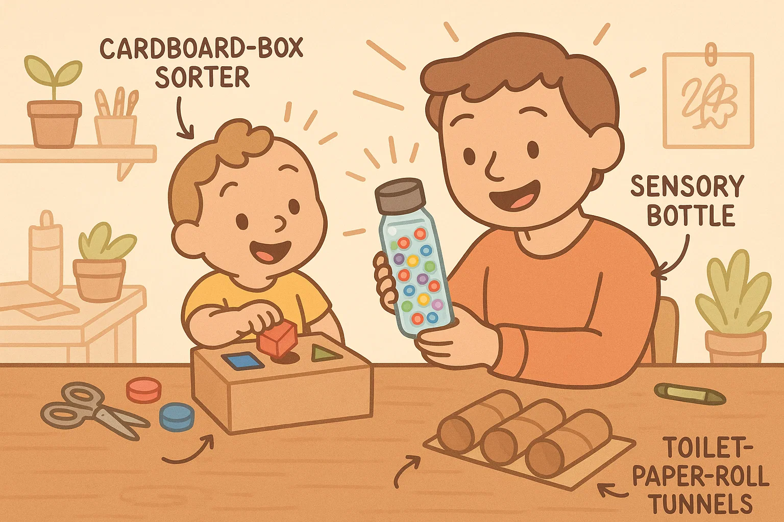 DIY toys parent hacks for toddlers with cartoon cardboard sorter, tubes and sensory bottles.