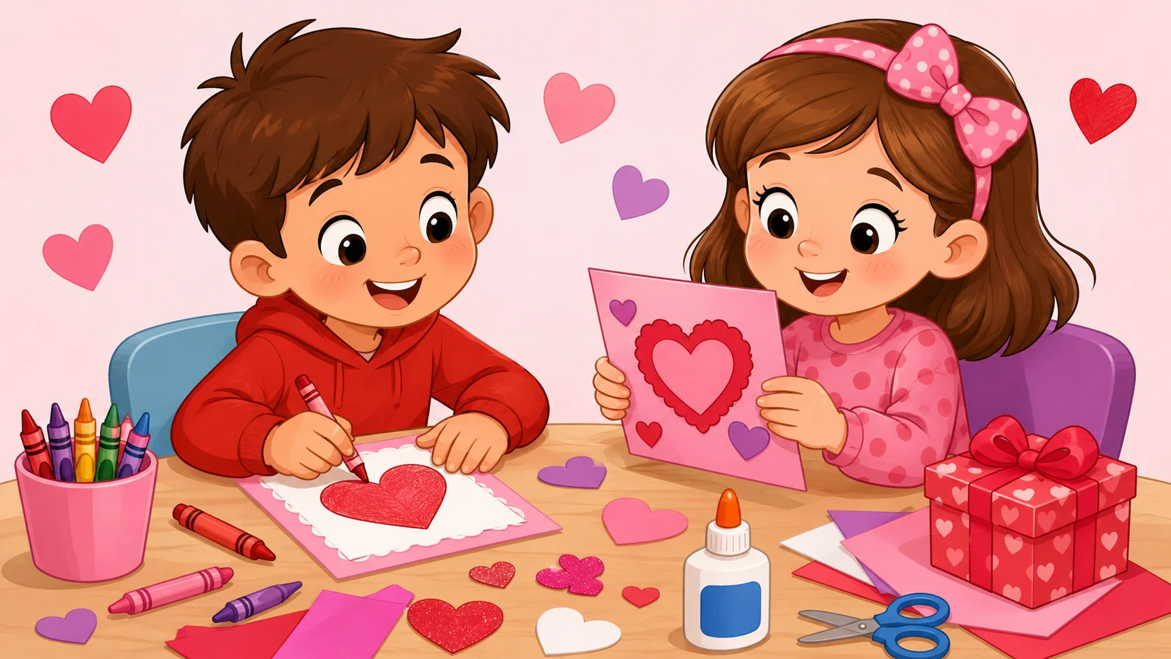 Kids making DIY Valentine’s Day cards and gifts at a colorful craft table. 
