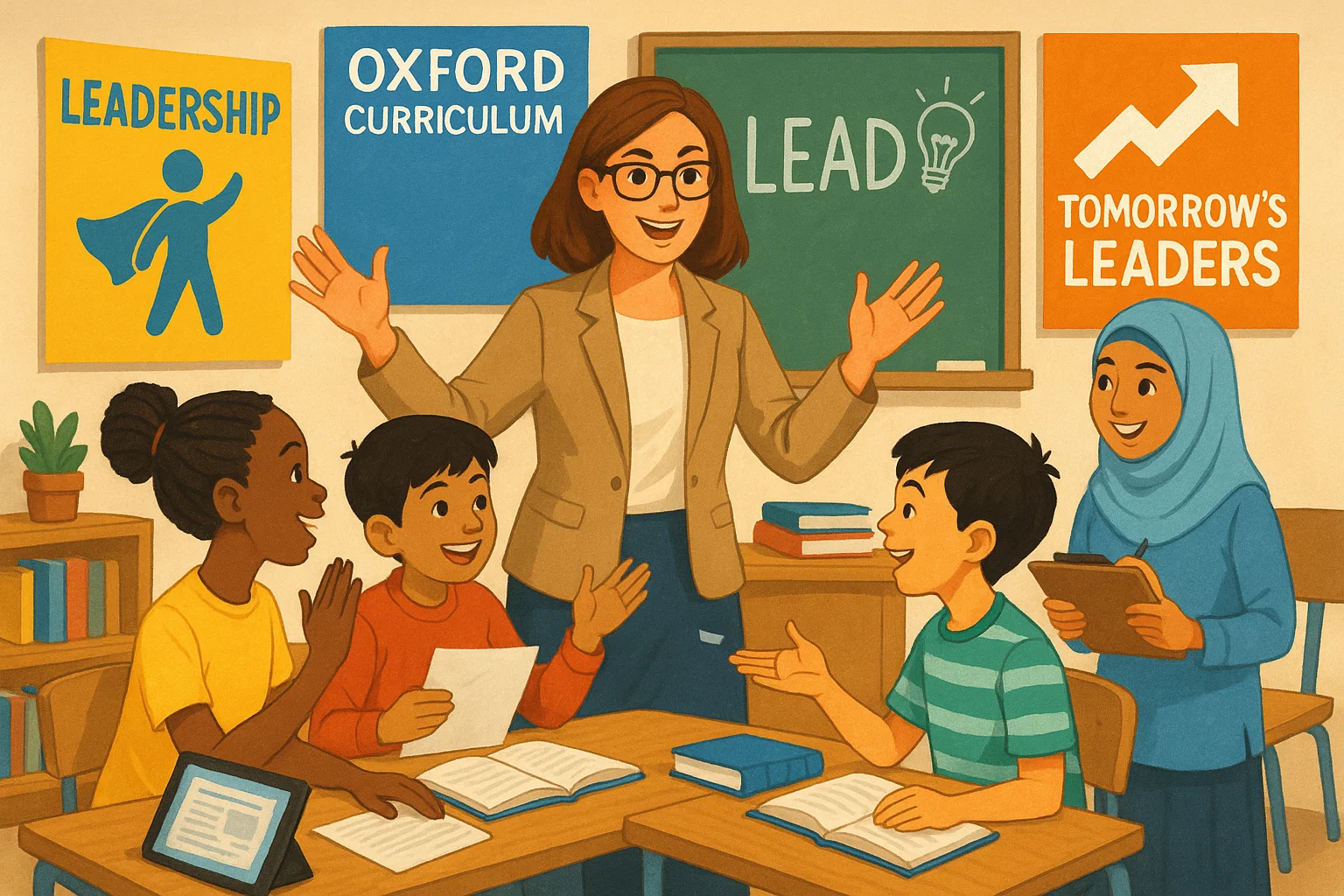 Dynamic classroom scene with students from diverse backgrounds, focusing on leadership in the Oxford Curriculum.