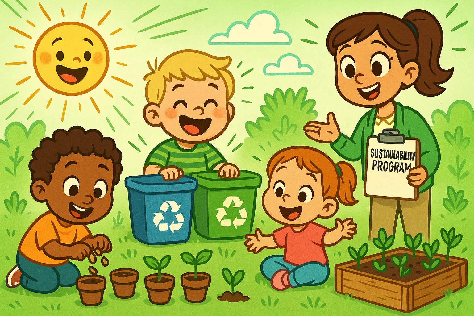 Early childhood sustainable skills programs illustrated with kids planting and recycling.
