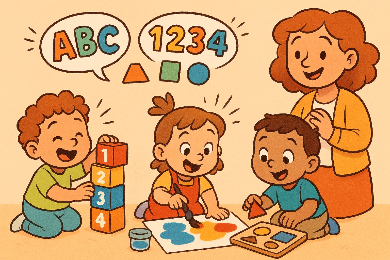 Cartoon early learning key skills in classroom with toddlers and engaging activities.
