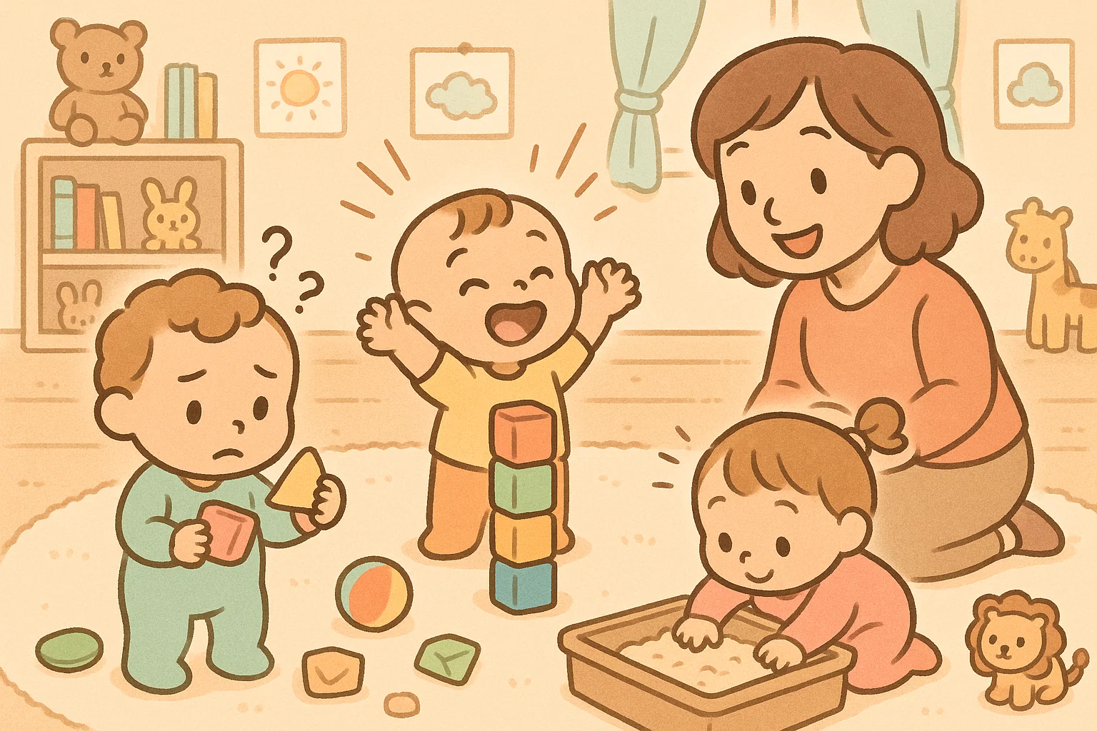  Kids doing early years problem solving play activities with blocks and matching games.