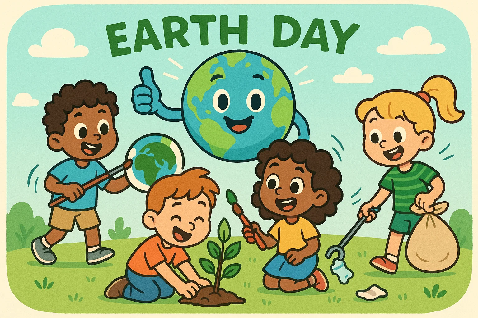 Earth Day activities for kids cartoon showing planting, crafts and eco friendly fun.