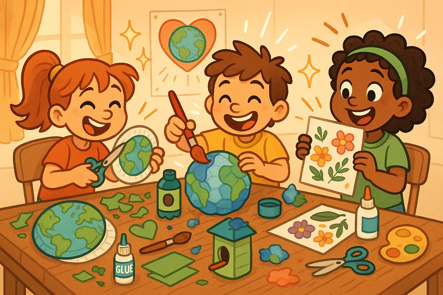 Earth Day crafts for kids cartoon showing recycled art and creative DIY activities.