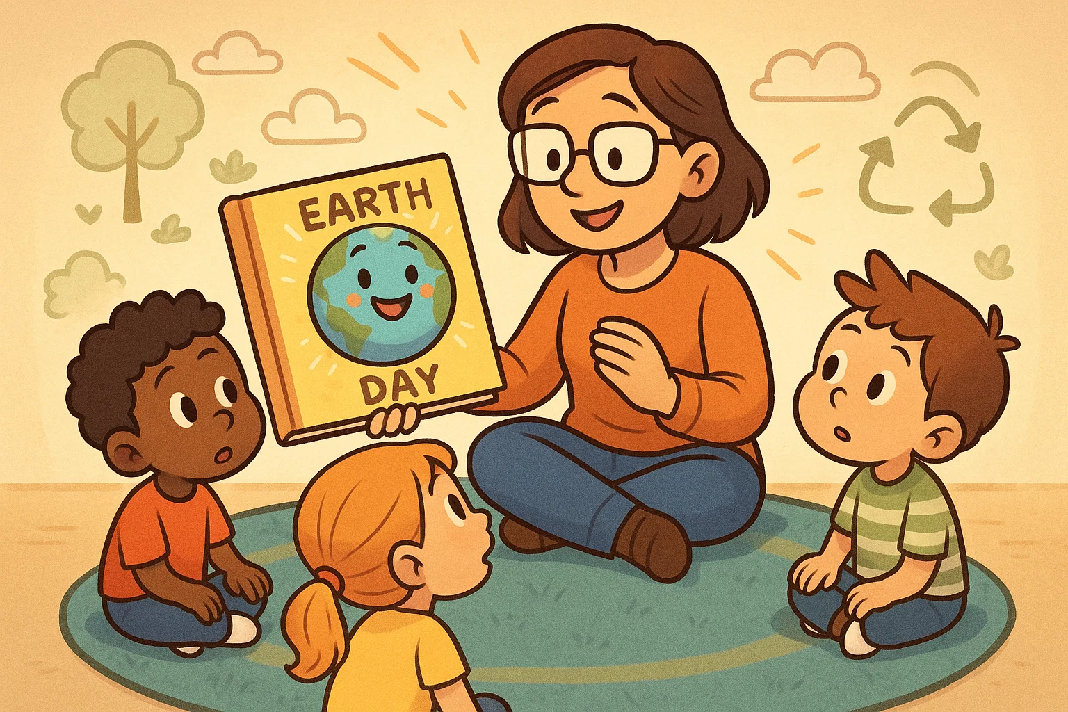 Earth Day storytelling learning cartoon with children reading eco themed books.
