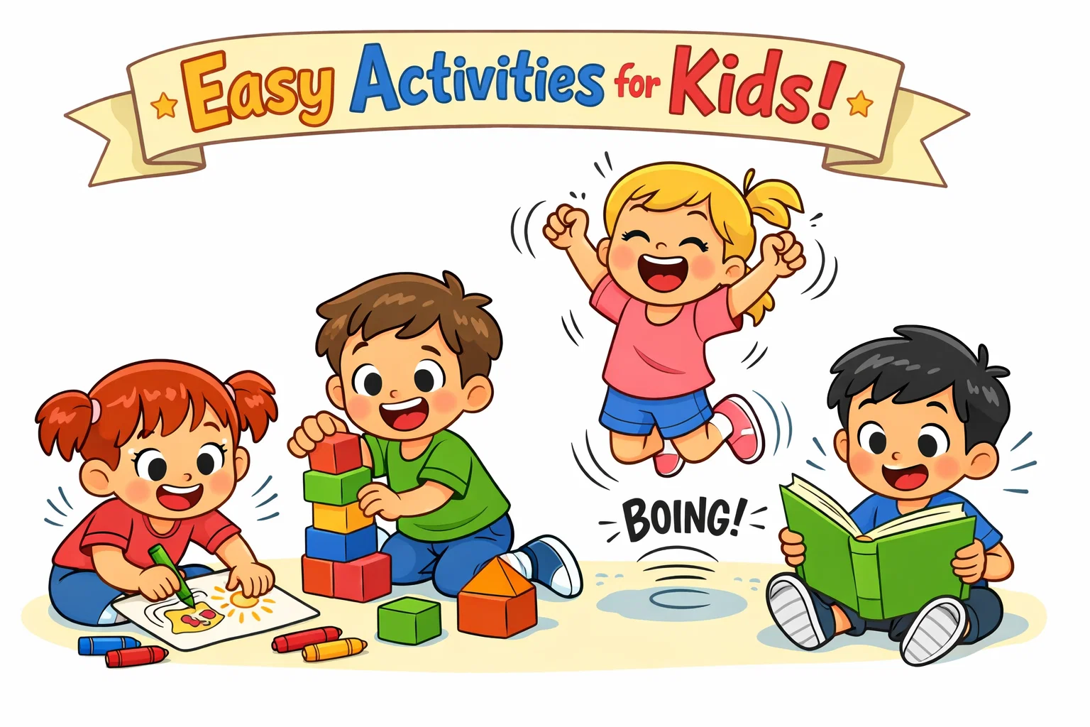 Easy activities for kids with simple games, drawing, and play shown in a fun cartoon style.
