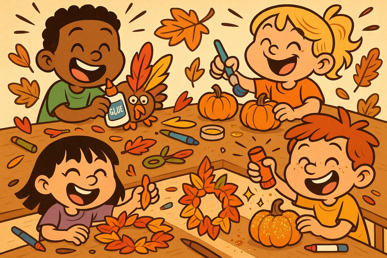 Easy Thanksgiving crafts for kids cartoon with simple turkey projects and mini pumpkin art.