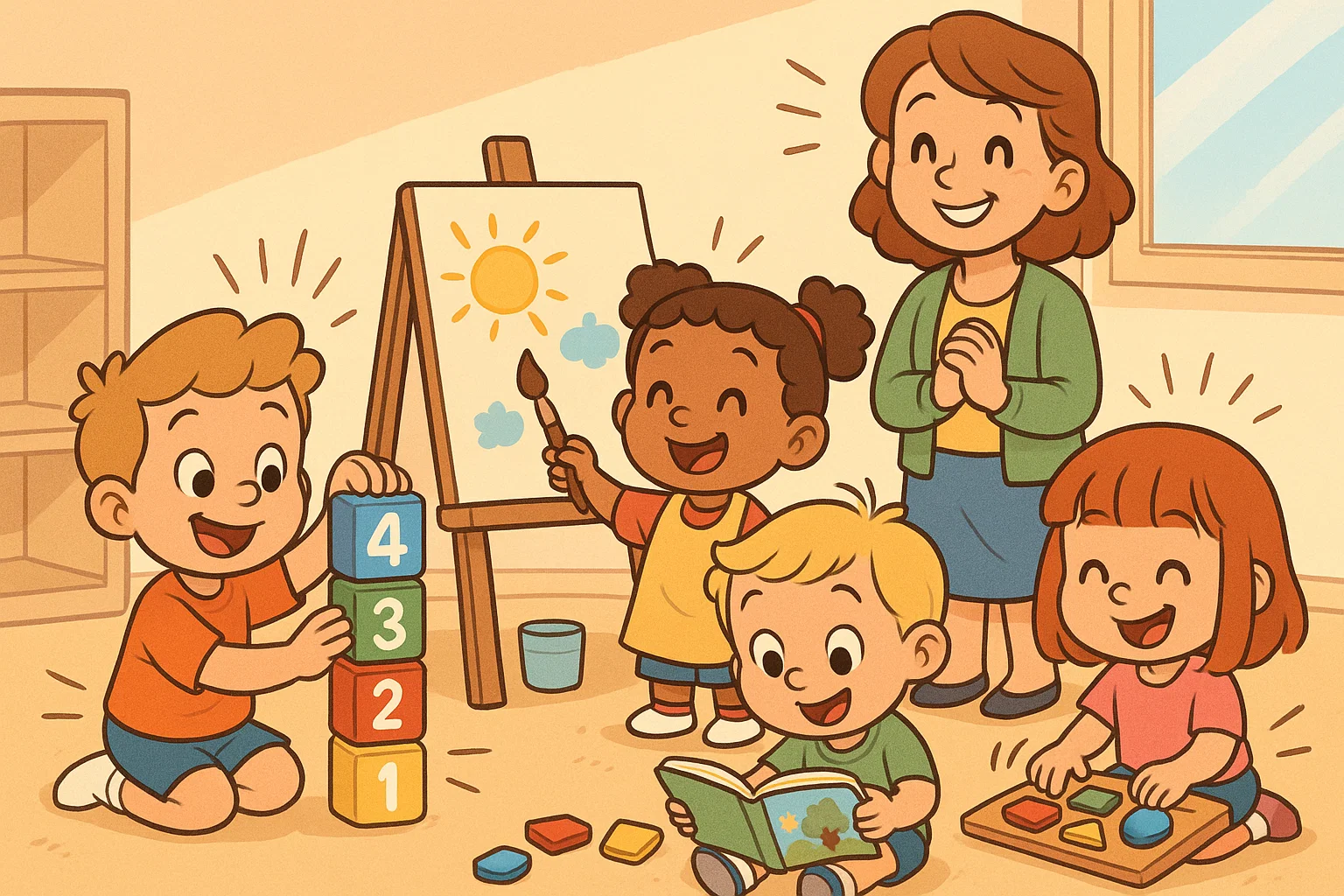 Educational activities 4 year olds skill development shown through playful learning scene.