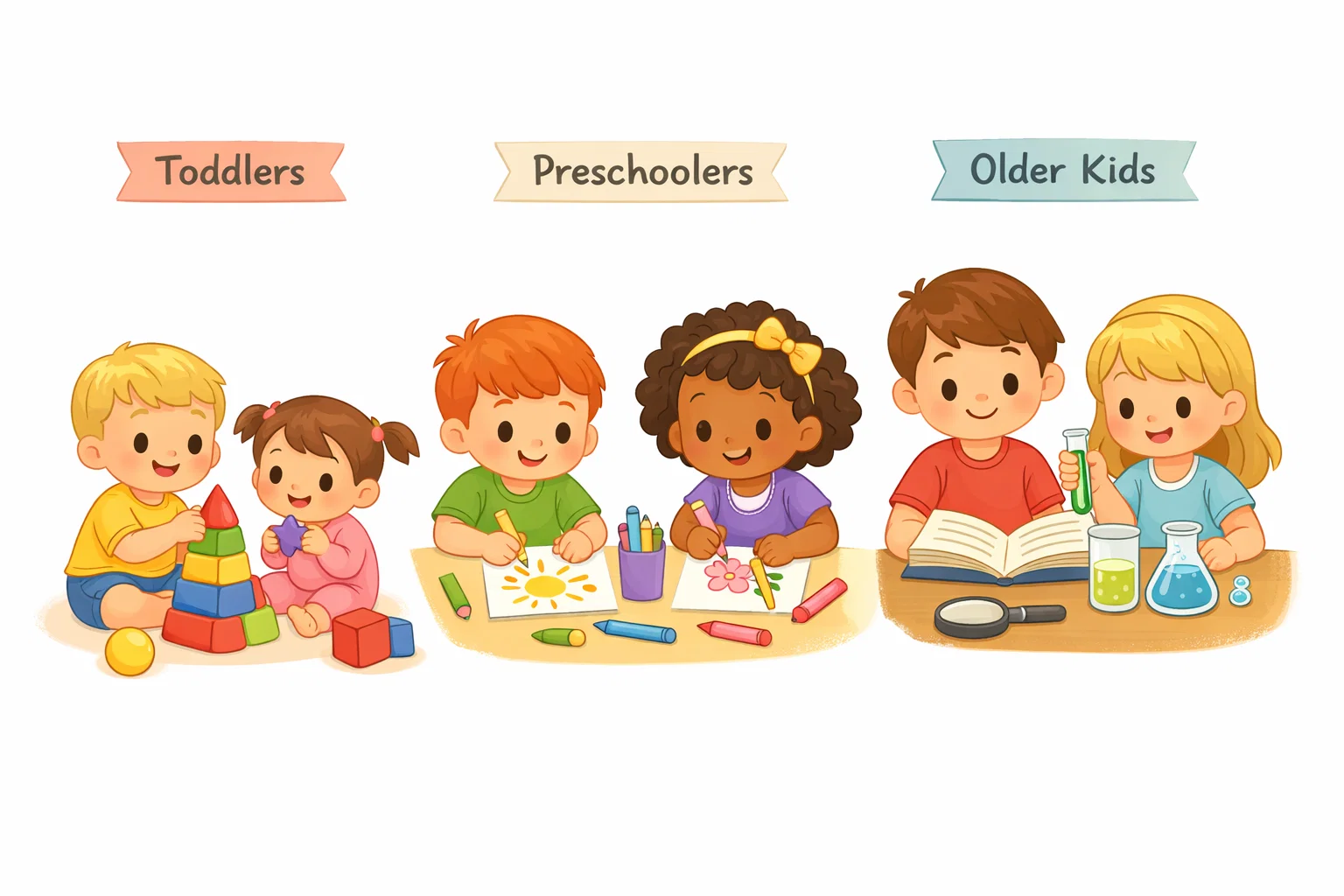 Educational activities by age showing kids learning at different stages.

