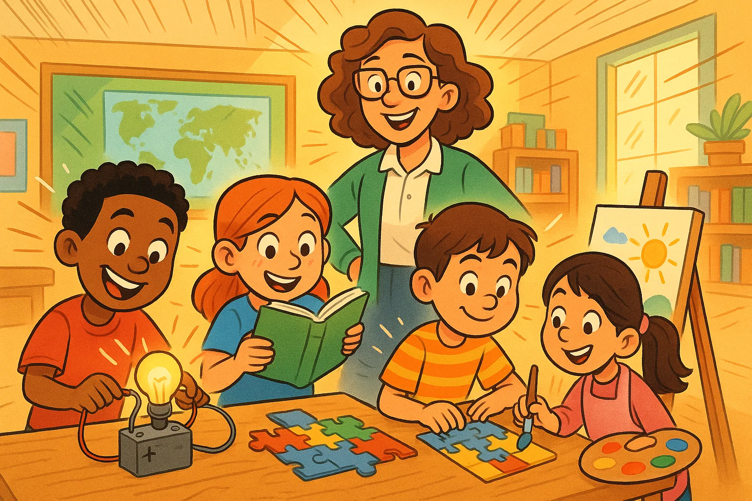 Playful cartoon of educational activities for 10 year olds exploring learning tasks in class.