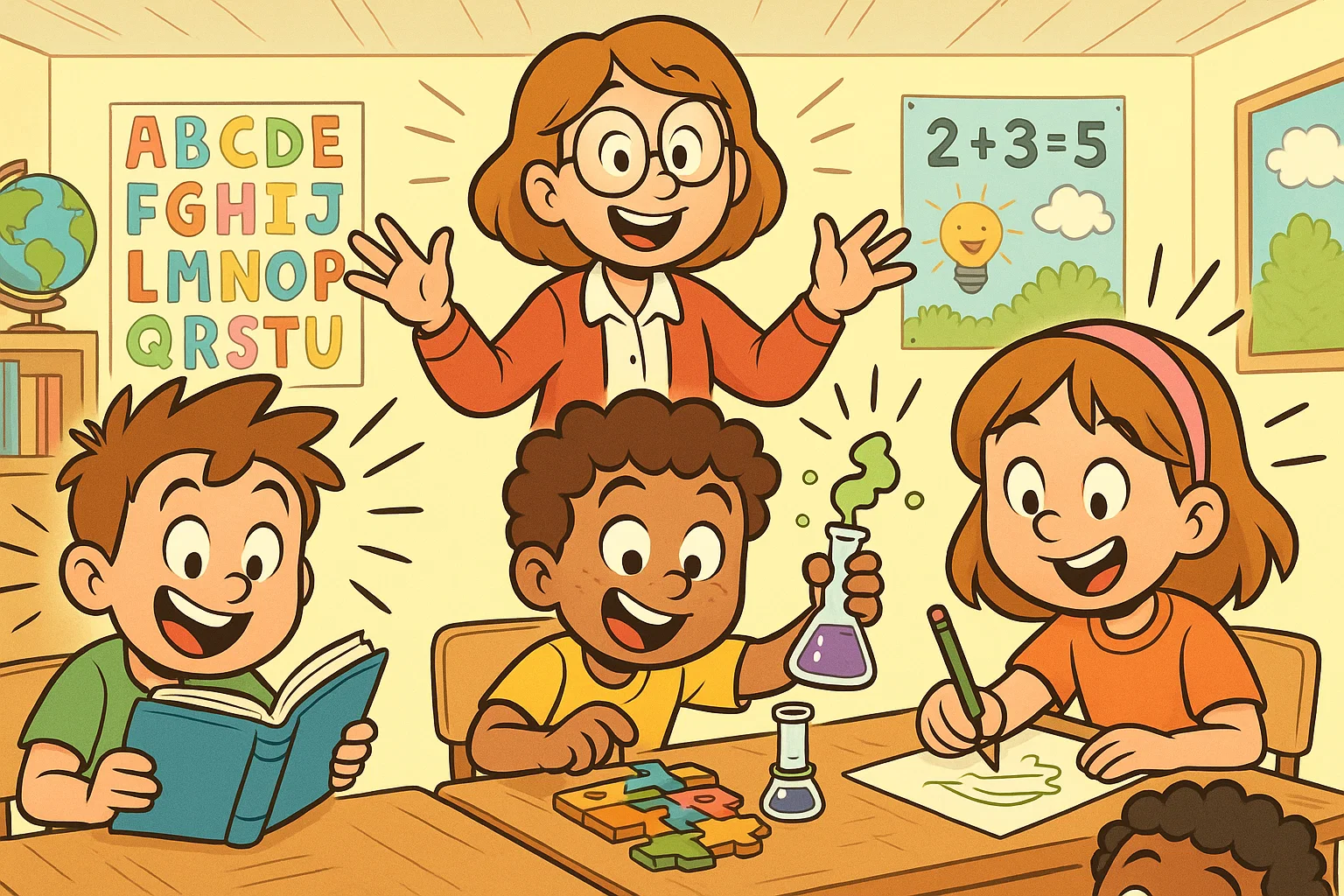Playful educational activities for 11 year olds in a bright cartoon classroom scene.