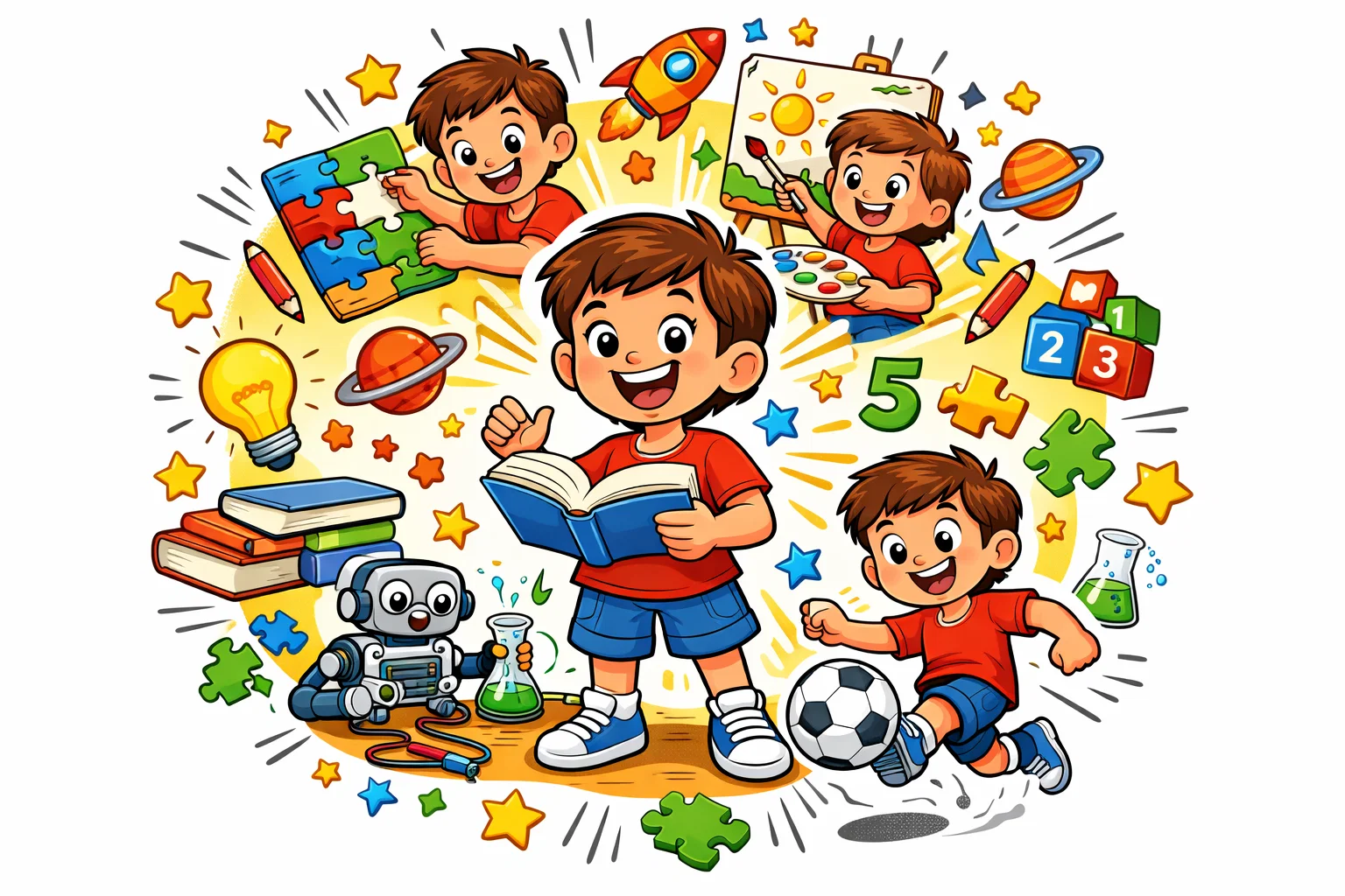 Educational activities for 11 year olds showing reading, science, art, and active play.