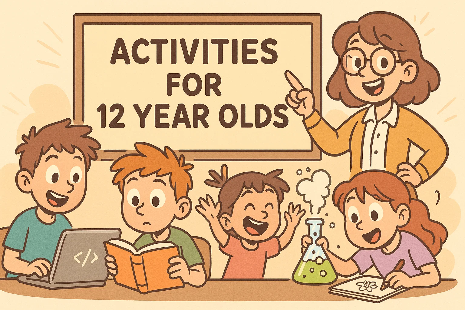 Educational activities for 12 year olds illustrated with kids learning through fun tasks.
