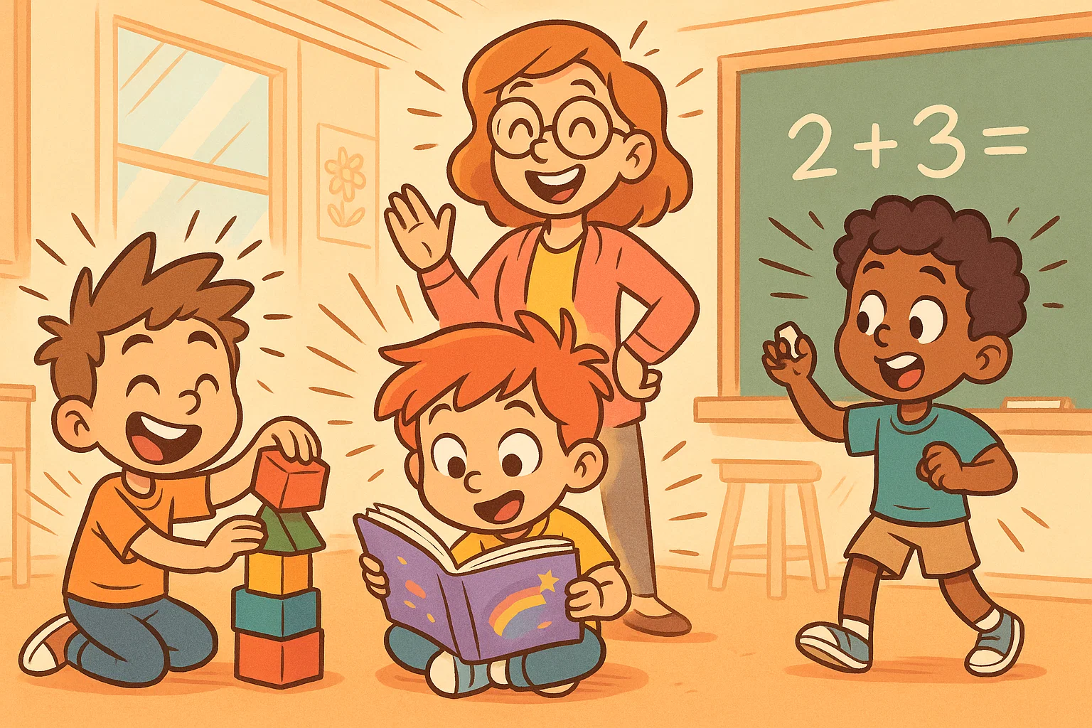 Educational activities for 6 year olds with kids learning and playing in a bright classroom.