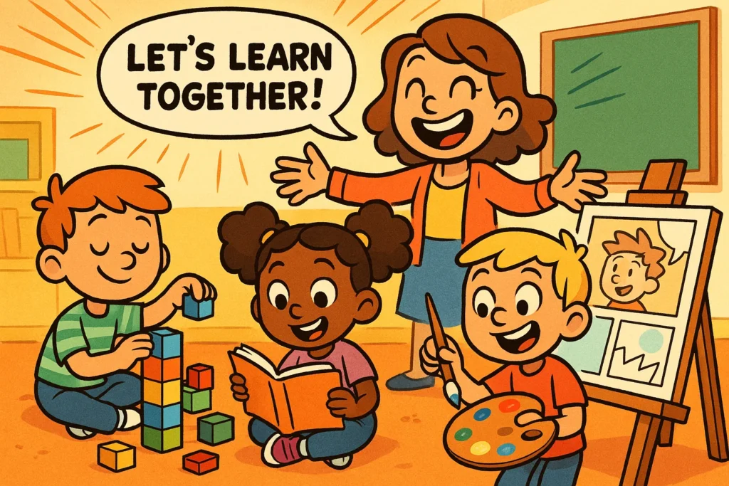 Educational activities for 7 year olds in a fun cartoon classroom with learning and play.
