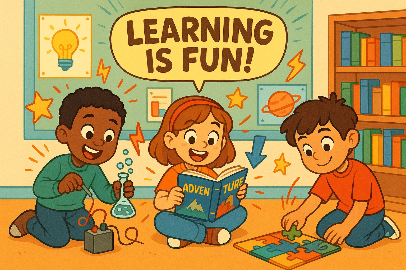 Educational activities for 9 year olds cartoon scene with kids learning through play.