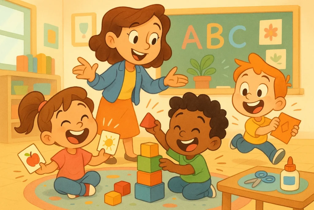 Playful cartoon with educational activities for preschoolers in a colorful classroom.