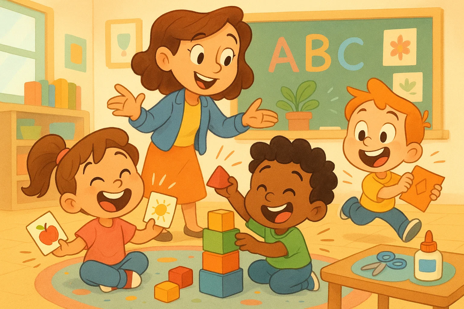 Playful cartoon with educational activities for preschoolers in a colorful classroom.