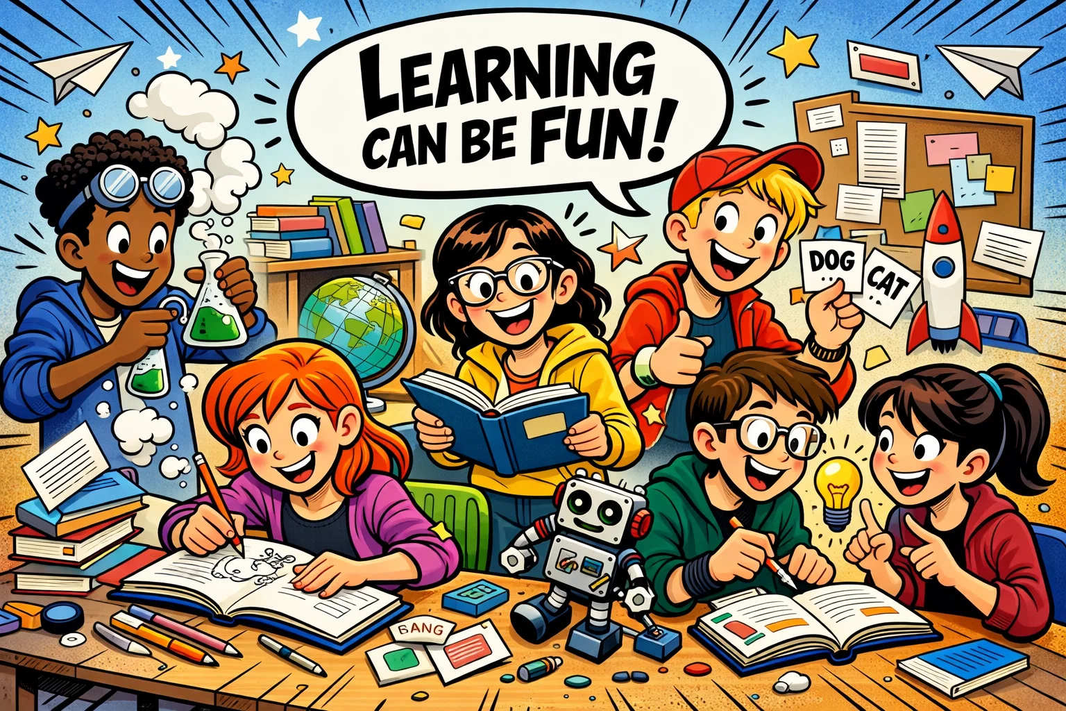 Educational activities for teens with science, art, reading, and teamwork.