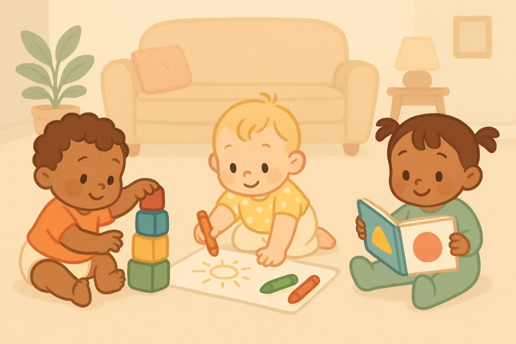 Educational activities for toddlers shown as cartoon play with blocks, books and drawing.