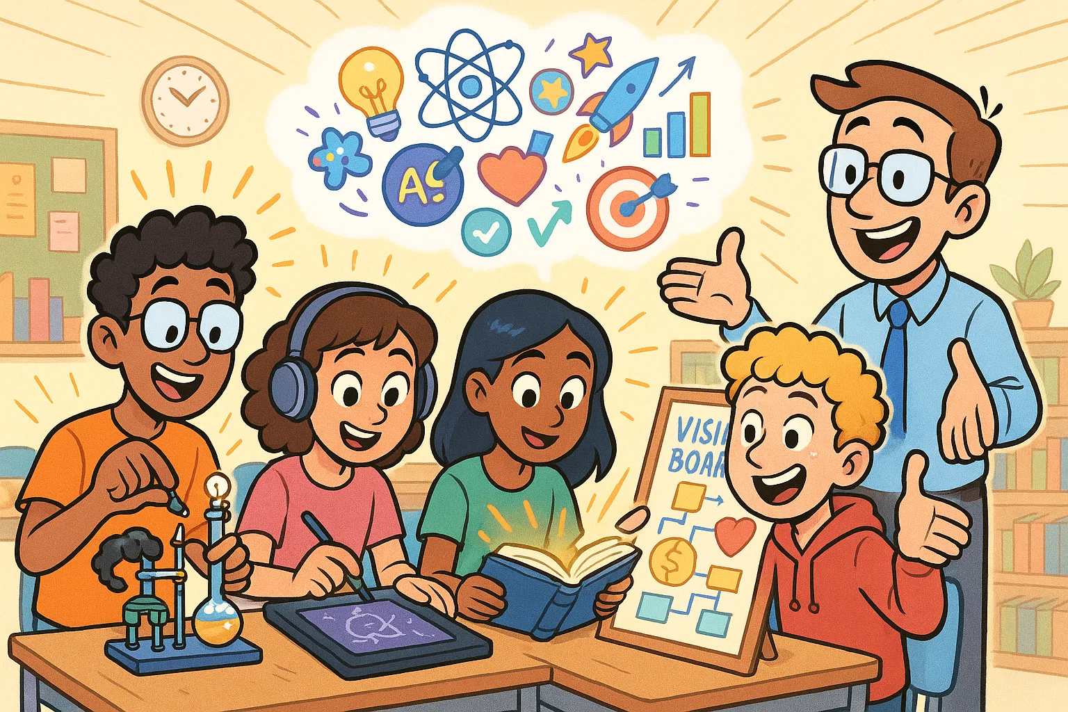 Playful cartoon showing educational activities teens growth creativity and future goals.